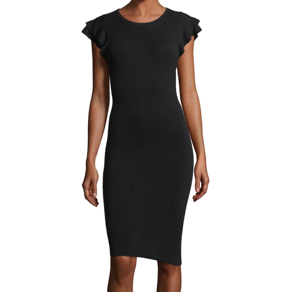 Alice + Olivia NWT Kellin Black Ruffle-Sleeve Fitted Sweater Dress - S